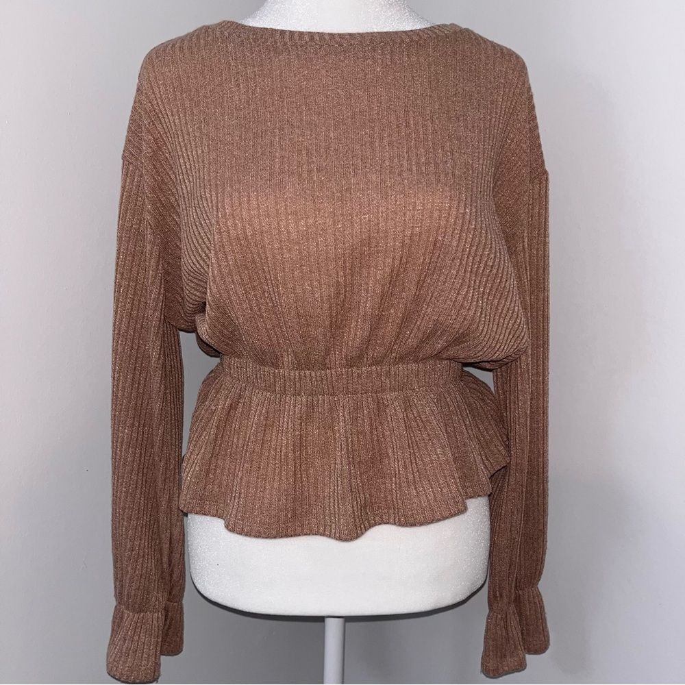Brown Ribbed Peplum‎ Sweater-Small
